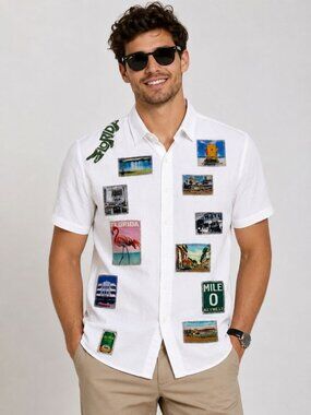 STOCK Gator Short Sleeve Patchwork Button Down Shirt White Size XXL